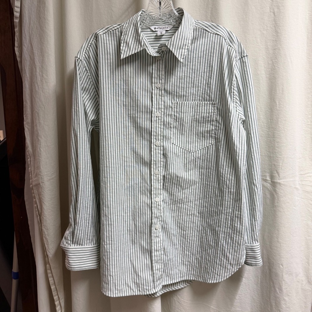 Athleta Midday XS Green White Oversized Poplin Striped Button Down Long Sleeve